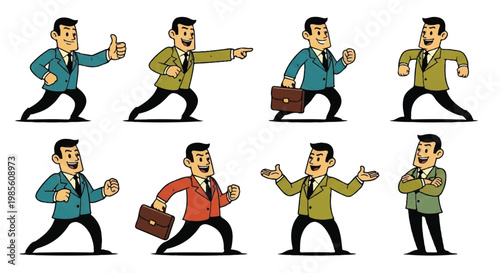 Cartoon businessman poses collection isolated white background