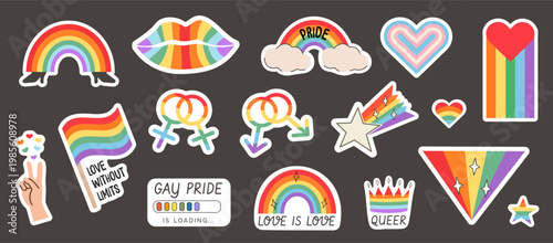 Pride die cut sticker set with rainbow icons. Hand drawn LGBTQ elements. Queer hearts, flags, symbols, and positive slogans. Trendy retro stickers for prints and digital design. Vector illustration.