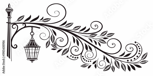 Ornate floral decorative lamp post with hanging lantern, vector