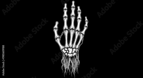 Detailed monochromatic vector art depicting a human skeleton hand merging with winding organic roots, representing concepts of mortality, regeneration, and the cycle of nature