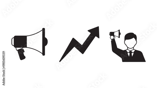 Businessman announcing growth with megaphone and rising arrow