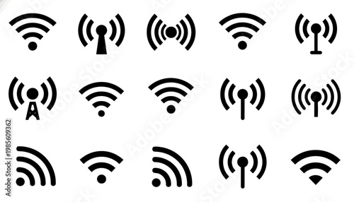 Collection of various wifi signal icons and symbols in black on a stock vector