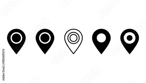 A set of five different map pin icons in black and white on a stock vector