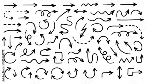 A collection of various handdrawn arrows and pointers in different styles and directions on a stock vector