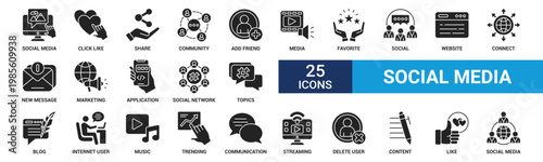 Social media icon set. Containing click like, share, community, add friend, media, favorite, social, website, connect and more. Glyph vector icons collection.