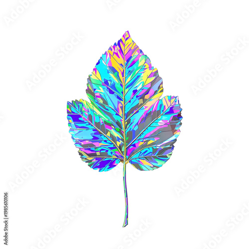 Abstract digital leaf illustration with prismatic color scheme and transparent background