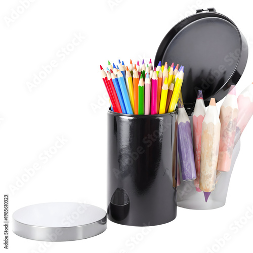 Colored pencils displayed in a black container with transparent background