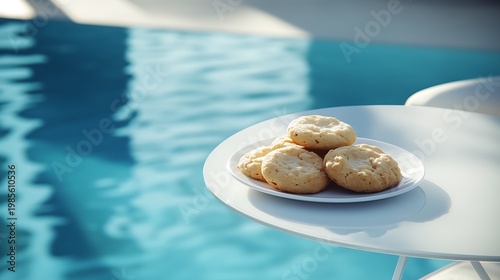 Cookies with minimalist designs on a sleek white poolside on a glass table under a cabana
