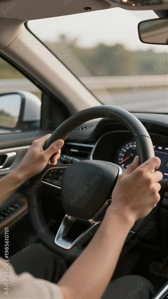 Naklejka premium Driver's Hands on Car Steering Wheel