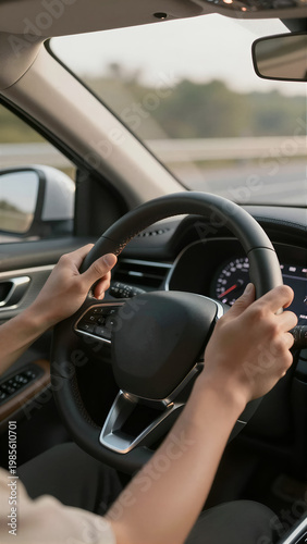 Driver's Hands on Car Steering Wheel