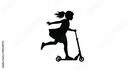 Silhouette of a young girl riding a scooter with her hair flowing in the wind on a clear day
