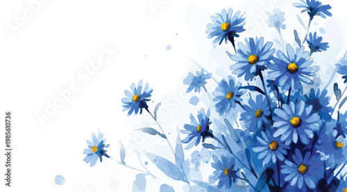 Watercolor painting of blue daisy flowers