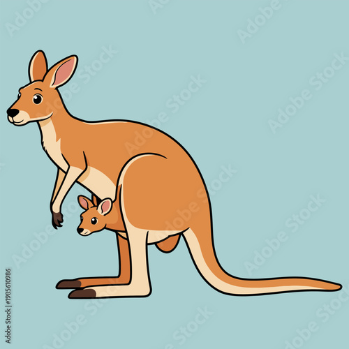 ed Kangaroo with Baby Joey in Pouch Flat Design vector illustration