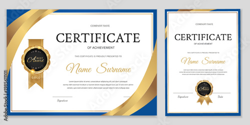 Certificate of achievement template set with horizontal and vertical layouts. Modern blue and gold abstract wavy design with award seal for professional recognition, diplomas.