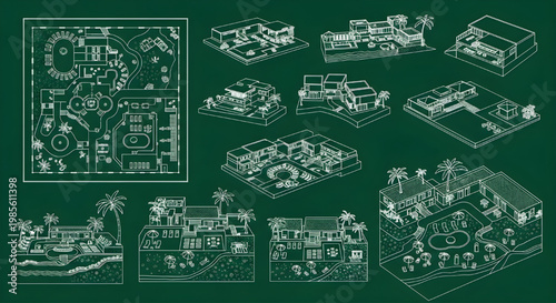 Beach Resort Layout Blueprint Icon Set – Multi View AutoCAD Landscape Technical Drawing White Outline on Dark Green Background