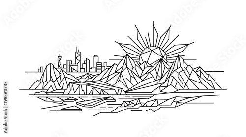 Geometric Mountain Landscape with City and Shining Sun