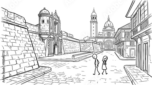 Black and White Sketch of a Couple Walking Near Historic Buildings