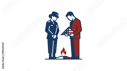 Solemn Ceremony Military Personnel and Man Honoring the American Flag