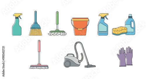Collection of cleaning supplies including spray bottles mops bucket vacuum cleaner gloves for home sanitation with spray bottle domestic help cleaning tools household chores home maintenance