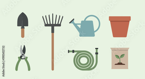 Gardening tools collection featuring trowel rake watering can pruners hose pot gardening equipment outdoor work yard maintenance gardening planting cultivation equipment supplies agriculture