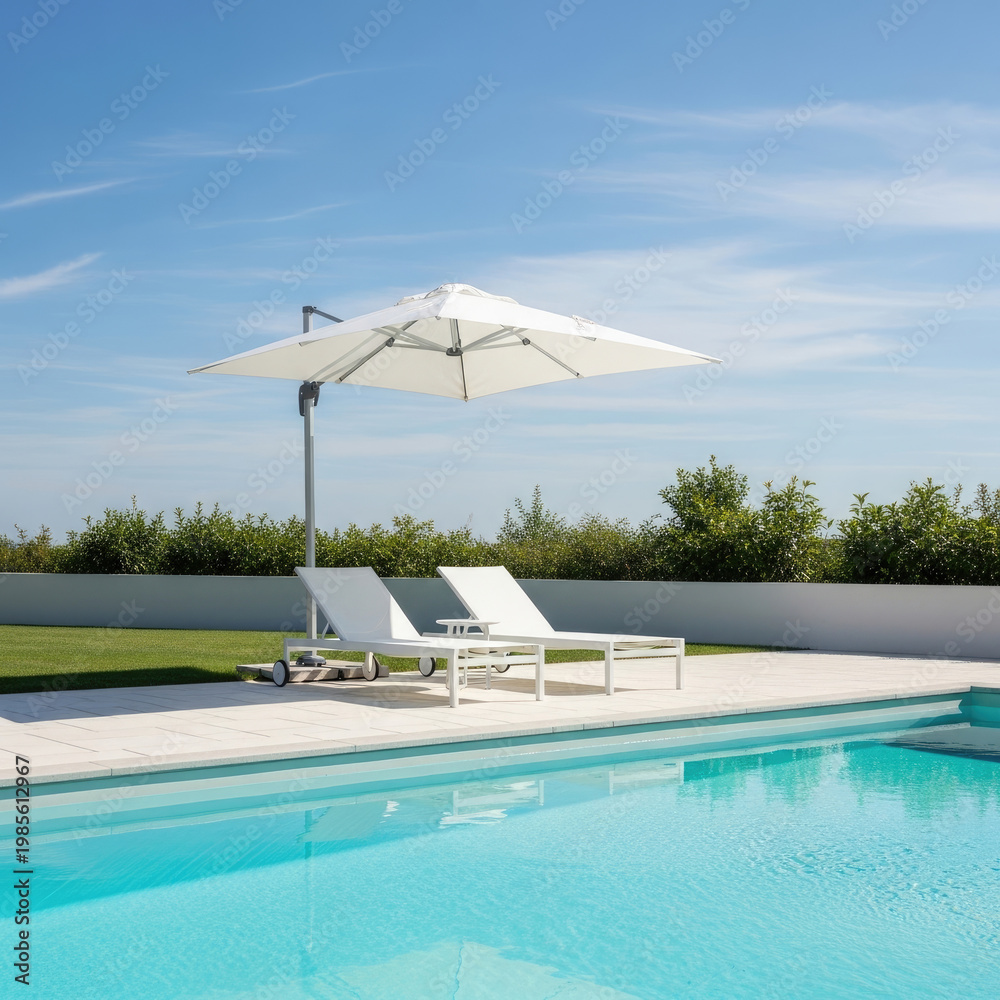 Fototapeta premium A serene poolside scene with white lounge chairs and umbrella on a sunny day