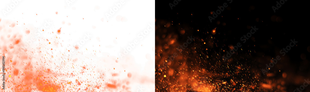 Obraz premium Blowing fire embers and glowing sparks in the wind on dark background, realistic campfire heat particles and flame texture for cinematic video and photo overlay PNG