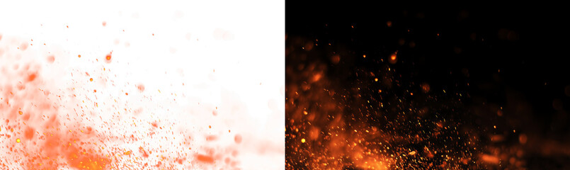 Blowing fire embers and glowing sparks in the wind on dark background, realistic campfire heat particles and flame texture for cinematic video and photo overlay PNG