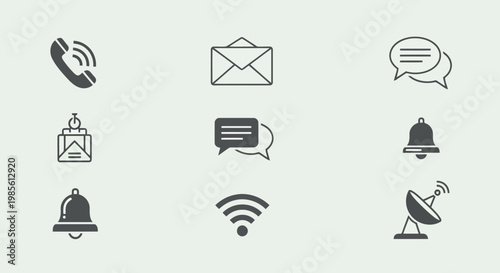 Set of communication notification network technology icons including phone email message bell wifi satellite dish symbols with social media internet of things communication notification wireless