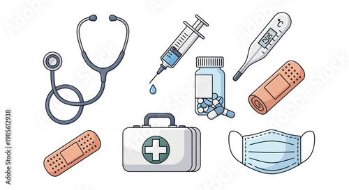 Comprehensive collection of medical icons and healthcare equipment including stethoscope syringe first aid kit digital thermometer and protective face mask for clinical use with health care, medicine