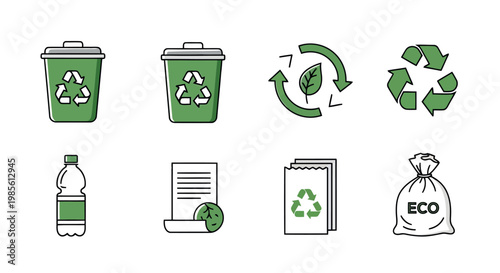 Eco friendly recycling and environmental sustainability icons set featuring green trash bins recycle symbols plastic bottles and reusable bags for waste management concepts recycling environment