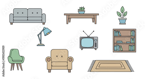 Flat design illustration of various home furniture and interior decor items including sofa armchair coffee table lamp potted plant television rug floor plan with living room domestic life furniture