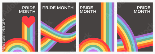 Minimalist queer pride poster set with geometric rainbow ribbons on dark background. Retro 70s Swiss design LGBTQ vertical banners and mid-century modern aesthetic for pride event marketing. Vector.