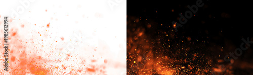 Blowing fire embers and glowing sparks in the wind on dark background, realistic campfire heat particles and flame texture for cinematic video and photo overlay PNG