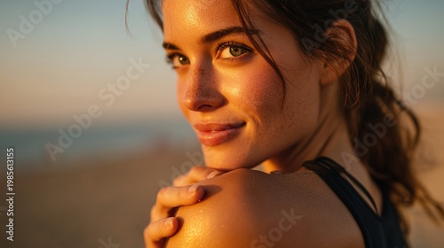Ultraviolet Awareness Month:A young woman applying sunscreen lotion on her shoulder on a sunny beach, golden hour light, SPF cream texture visible on skin, sand and ocean blurred in background