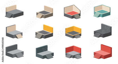 Isometric room interiors with stairs a colorful geometric arrangement