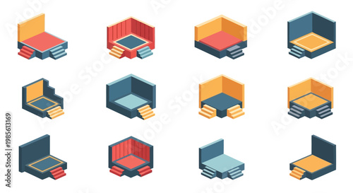 Isometric room corner variations with stepped platforms showcasing design elements