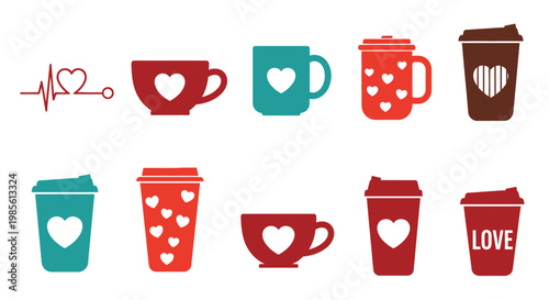 Colorful coffee and tea cups decorated with hearts and love themes