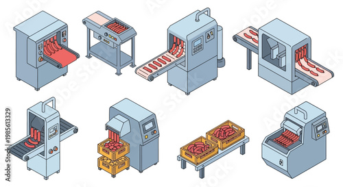 Isometric illustration of automated food processing machinery and conveyor systems