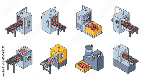 Isometric illustration of industrial food processing machinery and conveyor belts