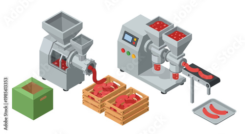 Isometric illustration of a tomato processing line with machinery and crates