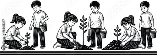 Eco-Friendly Endeavor: Young individuals cultivate a shared vision of environmental stewardship through the act of planting saplings. Witness the burgeoning growth of a verdant future.