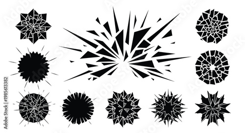 Abstract black geometric shapes resembling shattered glass or starbursts