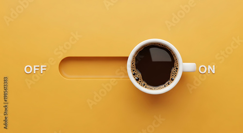 On off switch concept with coffee cup on yellow background for decision making and productivity