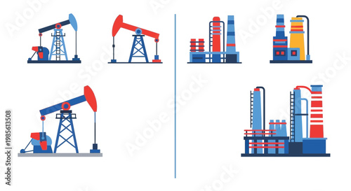 Illustration of oil pumps refineries and industrial facilities