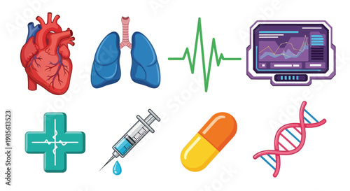 Medical icons depicting human organs health monitoring and pharmaceutical elements