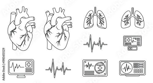 Anatomical illustration of human heart lungs and medical monitoring devices