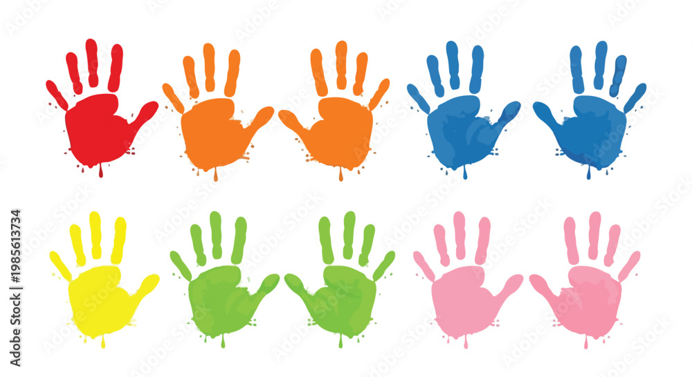 Fototapeta premium Colorful handprints in various bright colors arranged in a pattern on a white background for creative and educational