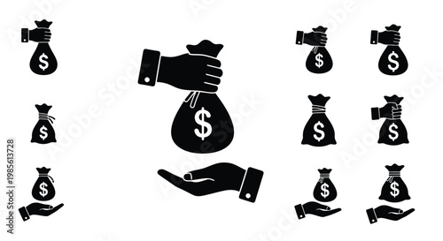 Black silhouettes depicting hands holding and receiving money bags