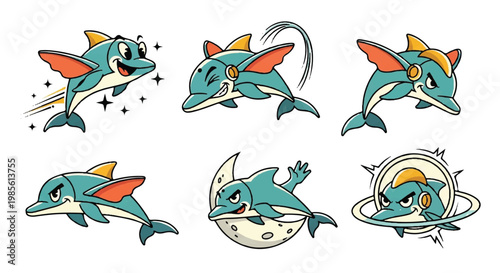 Cartoon dolphin character set in various poses