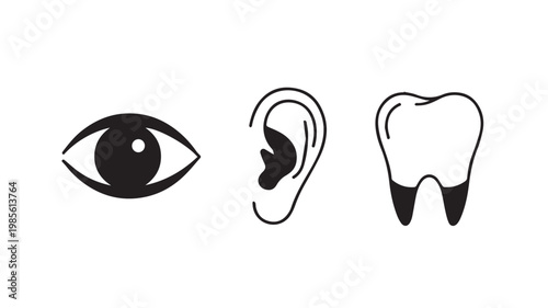 Medical icons of eye, ear, and tooth in black and white